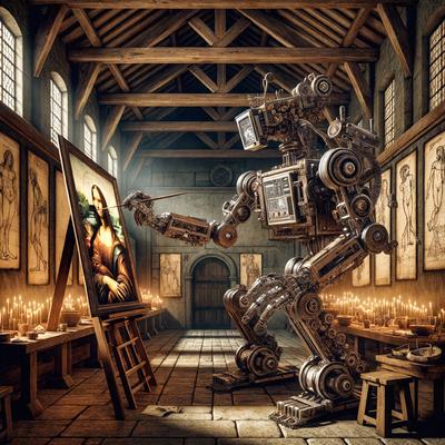 The primary subject of the image is a robot, which is standing in a room with a painting on the wall. The setting appears to be a dining room, as there are multiple dining tables and chairs in the scene. The visual style of the image is digital art, giving it a futuristic and surreal appearance. The dominant colors in the image are dark and muted, creating a moody atmosphere.
